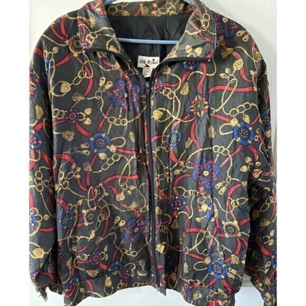 Silk Road Vintage 100% Silk Bomber Jacket Chain Tassel Print Windbreaker Medium